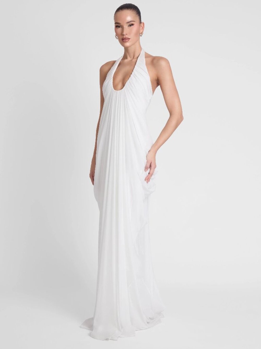 Leau Cascade Drape Maxi Gown in White